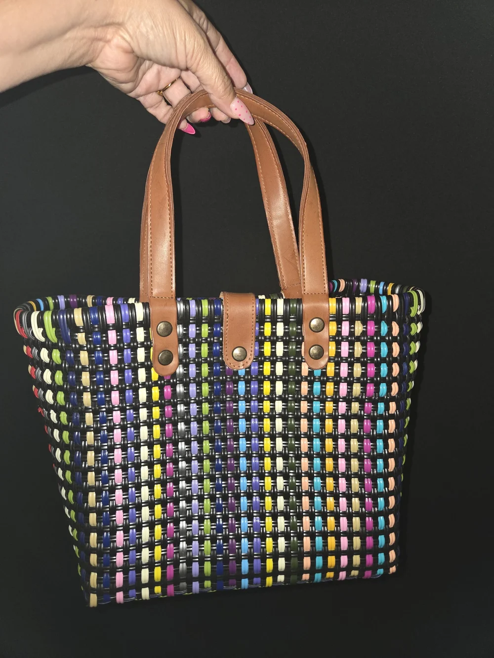 Multicolor Woven Tote Bag with Leather Handles